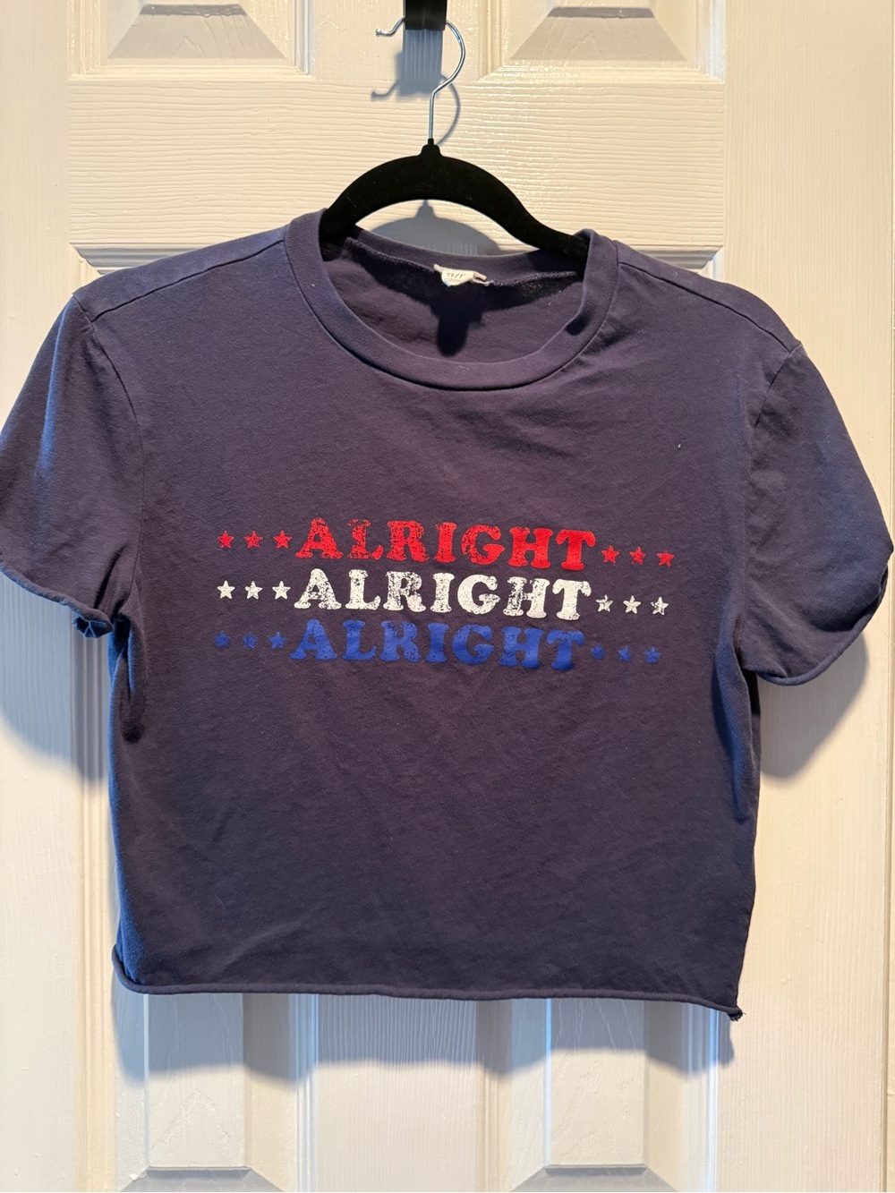 Garage “Alright Alright Alright” Patriotic Graphic Crop Tee Navy Red White Blue